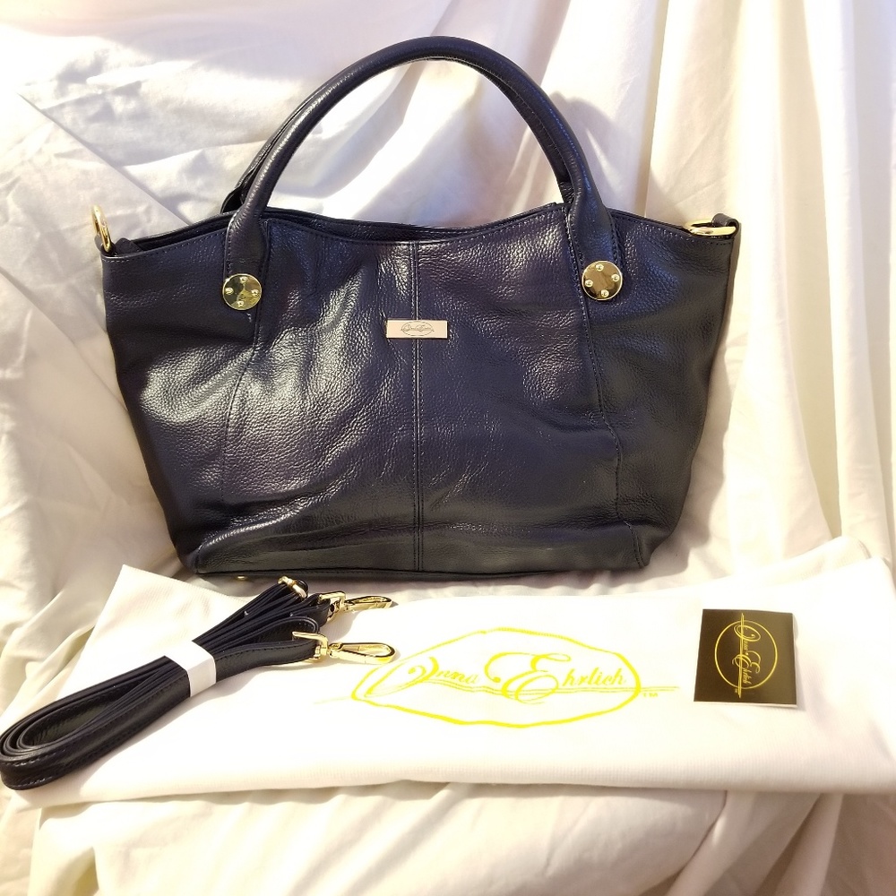 Onna Ehrlich Stacy tote bag navy blue cowhide NWOT